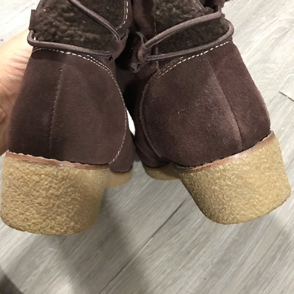 Lands End Brown Suede “Chalet” Mid Calf Wedge Heel Faux Shearling Lined Boots - Picture 5 of 8